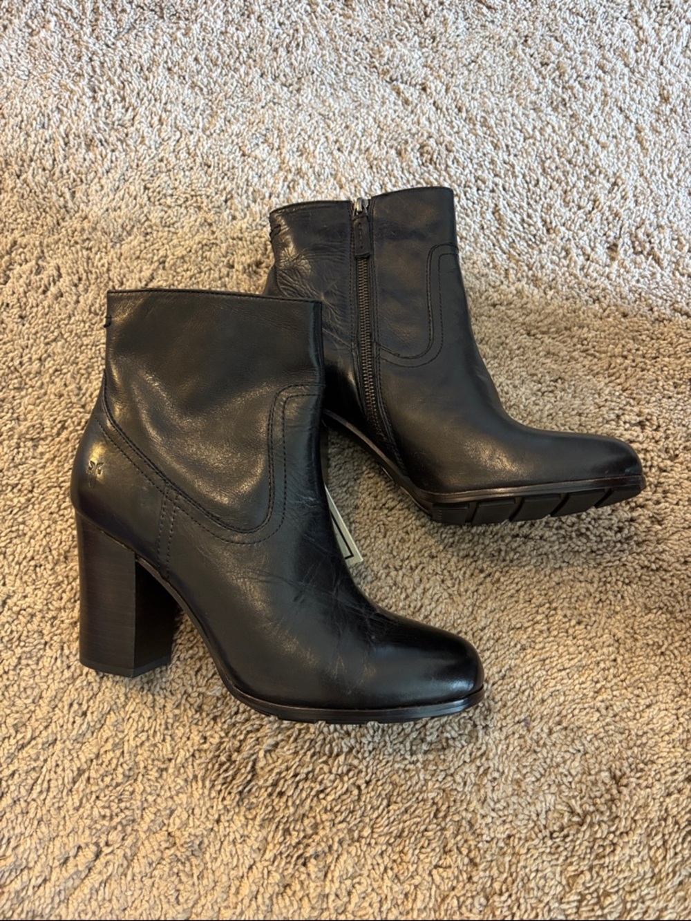 Frye Black Leather Ankle Booties with Block Heel